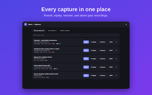 Repro — Capture & replay frontend bugs :: Capture a frontend bug once, then replay it. One click records screen, console, network, actions and storage to find the bug.