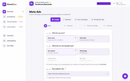 AlmostZero Assistant :: Builds and optimizes your Meta ad campaigns inside Ads Manager, straight from your AlmostZero dashboard.