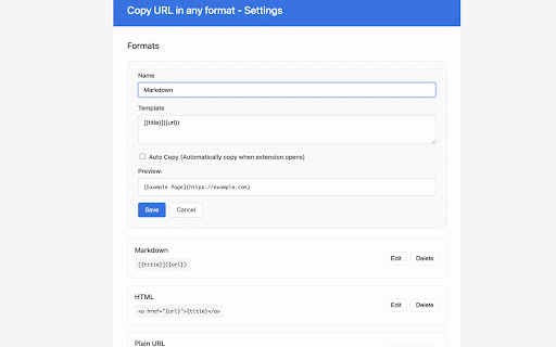 Copy URL in any format :: Copy URLs in various formats like Markdown, HTML, or custom templates