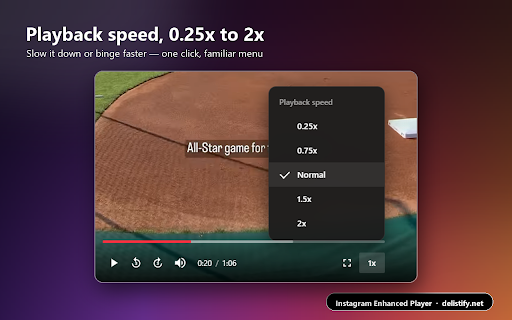 Instagram Enhanced Player :: YouTube-style controls for Instagram videos & Reels: timeline, speed 0.25–2x, volume, skip, fullscreen, shortcuts.