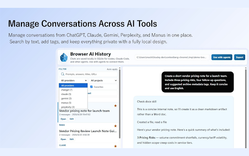 ContextBerg Browser AI History :: Save and search ChatGPT, Claude, Gemini, Perplexity, and Manus conversations from Chrome.