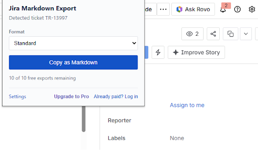 Jira Markdown Export :: Copy Jira tickets as Markdown on Jira and GitHub PRs. Format presets for Slack, GitHub, Notion, and more.