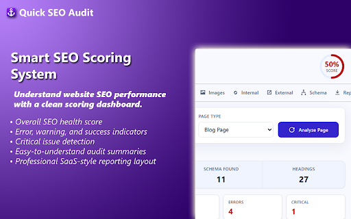Quick Onpage SEO Checkup :: Audit the currently opened page for keyword coverage, headings, schema, word count, and an SEO score.