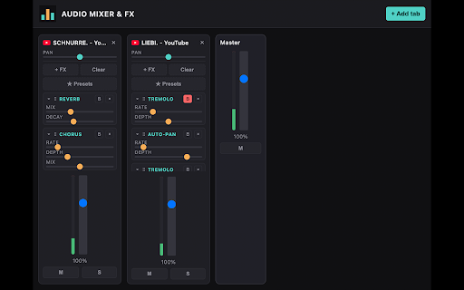 Browser Audio Mixer & FX :: Capture audio from multiple open tabs and mix them on a channel-strip board, like in your DAW