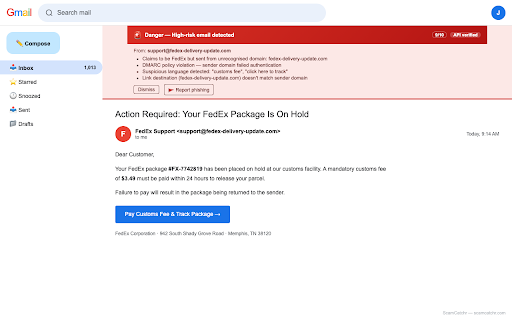 ScamCatchr :: AI-powered Gmail scam detector for phishing, impersonation, freight fraud, fake delivery notices, and account theft.