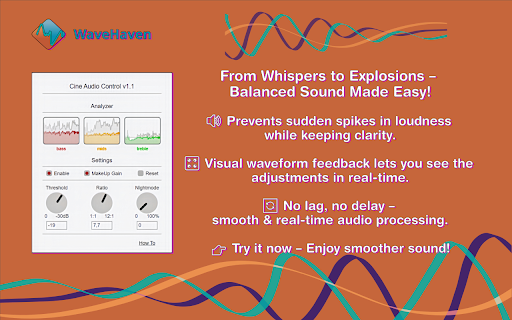 Cine Audio Control :: Balances loud action scenes and quiet dialogue for movies in real time, with intuitive waveform visualization for easy control.
