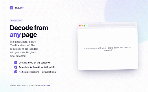 DevBox — Base64, JWT, URL, Hash, JSON :: One popup, five offline dev tools. Base64, JWT, URL, hash and JSON. Your tokens never leave the browser.