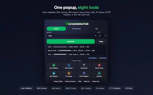 VCCGenerator - Credit Card Generator & Other Tools :: Credit Card Generator & Validator, BIN Checker, BIN-IP Fraud Detector and more tools. For sandbox QA.