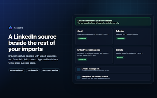 RoundOS LinkedIn Browser Capture :: Saves LinkedIn conversations and profiles you open into your RoundOS fundraising workspace.