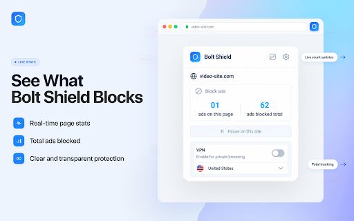 Ad Blocker & Free VPN - Bolt Shield :: Block ads, trackers & cookie banners. Browse privately with a built-in VPN across worldwide locations. Fast, light, free.