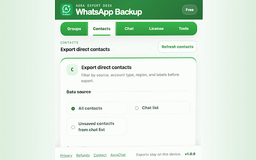 Aora WhatsApp Backup :: Back up your own WhatsApp Web contacts and chats to CSV, Excel, VCard, JSON, or PDF.