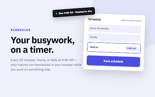 Replayo: Macro Recorder & Web Automation :: Free macro recorder & no-code browser automation. Record clicks, typing and form fills on any site, then replay or schedule them.