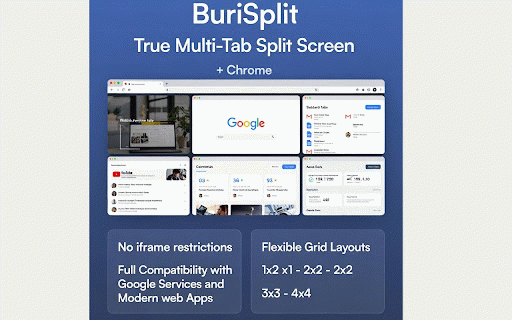 BuriSplit - Multi-Tab Grid View :: Split screen view for Chrome - Work with multiple tabs in grid layout (2x2, 3x3, 4x4)
