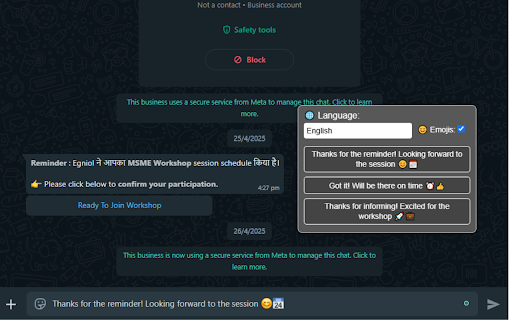 ChatGPT API Smart Replies for WhatsApp :: Generates 3 smart, AI-powered replies for WhatsApp Web messages in multiple languages using the ChatGPT API.