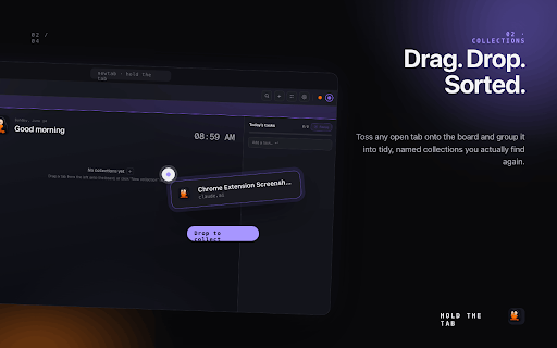 Hold The Tabs - Tab Manager, Spaces, Sessions & New Tab :: Tame tab overload. A tab manager & new tab page with Spaces, drag-to-save collections, dedupe, sessions & tasks. Import from Toby.