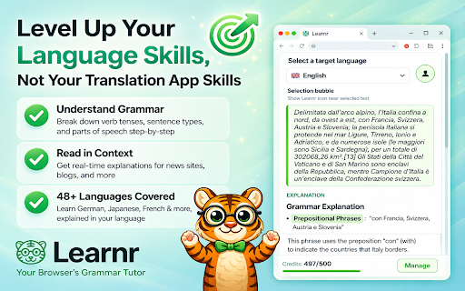 Learnr AI: Language Learning & Grammar Rules Practice on Any Website Today :: Turn any website into a language lesson in one click. Explains grammar rules for your selected text in any language with AI.