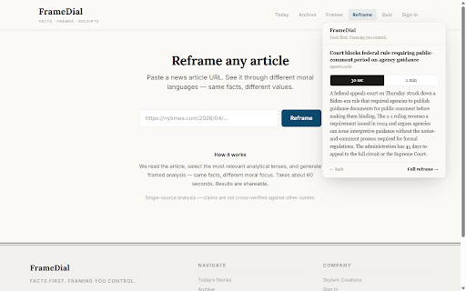 FrameDial :: Quick Read any article in 30 seconds. See your analytical blind spot. Reframe through 7 value-based frames.