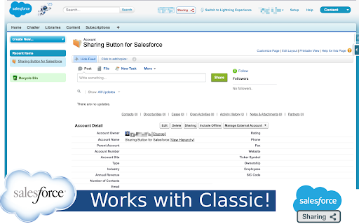 Sharing Button for Salesforce :: Adds a 'Sharing' button next to the global actions on Salesforce pages that opens Classic Sharing Detail for the current record.