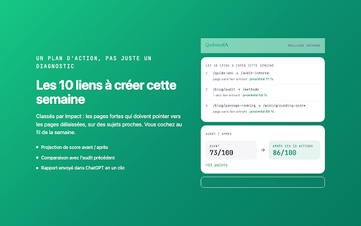 QadenceIA :: Audit du maillage interne du site de l'onglet actif : score, pages orphelines, ancres, plan d'action. 100 % local.