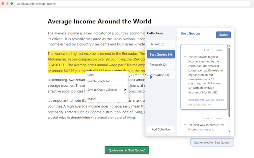Quote Collector :: Select text on any webpage and save it to a collection of quotes with one click, along with the source URL.