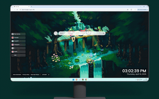 Pixel Forest Live Wallpaper :: Child enjoys peaceful picnic on wooden dock as turquoise waters flow through magical forest.