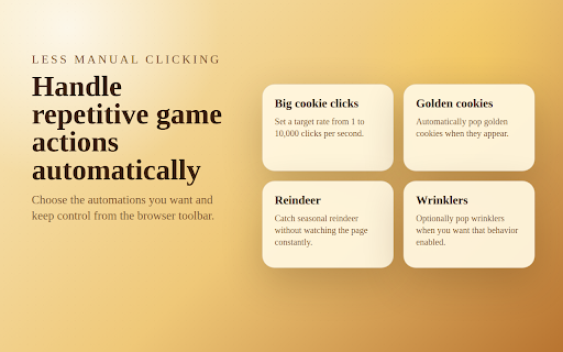 Cookie Clicker Auto Clicker :: A simple and reliable auto clicker for Cookie Clicker with controls for the big cookie, golden cookies, reindeer, and wrinklers.