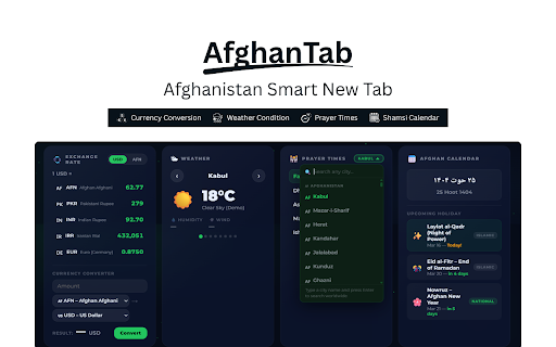 AfghanTab - Afghanistan Smart New Tab :: Afghan smart new tab: prayer times, currency, Shamsi calendar, weather & Google search. English, Dari and Pashto.