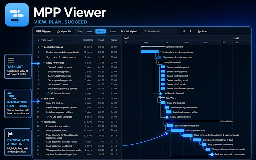 MPP Viewer :: View MPP files with MPP Viewer — open any .mpp project plan locally to see the task list, timeline, and full gantt chart. No upload.