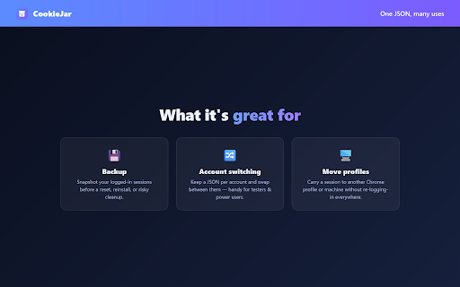 CookieJar — Cookie Backup & Restore :: Back up all your cookies to a JSON file and restore them — for backups, account switching and moving sessions. 100% local.