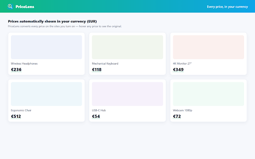 PriceLens — Currency Converter :: Convert prices on any website to your currency. Hover to see the original. Free, unlimited, no account, 100% local.