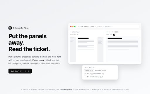 Enhancer for Plane — Quick Open & Issue Templates :: Issue templates, quick open by key, copy reference, and a focus mode that hides the side panels — inside the Plane UI.
