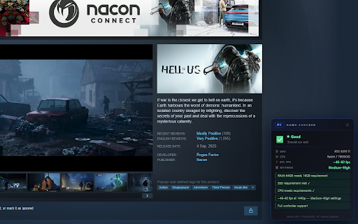 PC Game Checker – Steam Compatibility :: Enter your GPU, CPU, RAM, OS & storage — get instant FPS estimates, settings recommendations & upscaling info for any Steam game.