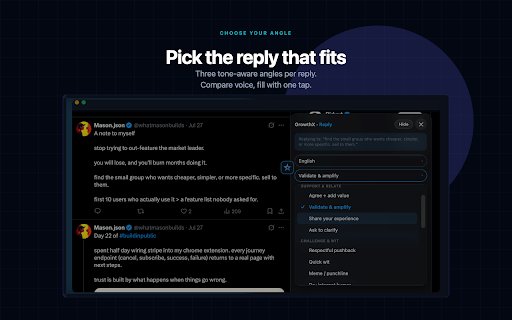 GrowthX Pro :: Reply on X without leaving the thread. Highlight text or open a reply box, pick a tone, fill your draft. You always send.
