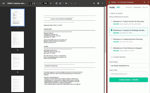 Paidly - AI Contract Scanner :: Scan contracts in your browser and create invoices instantly with AI