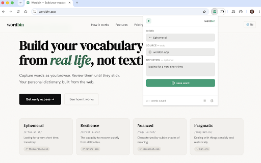 Wordbin — Vocabulary Builder & Flashcards from Any Page :: Save words while you read. AI fills in the definition, translation and example. Spaced repetition helps you remember.