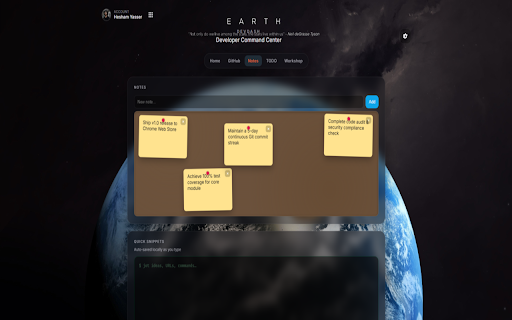 DevDash :: A polished new-tab dashboard for developers — clock, search, GitHub, notes, tasks, and focus tools.