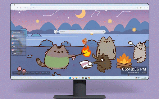 Pusheen Camping Live Wallpaper :: Pusheen and cat friends roasting marshmallows by campfire at twilight lake with Loch Ness monster and constellation-filled sky.