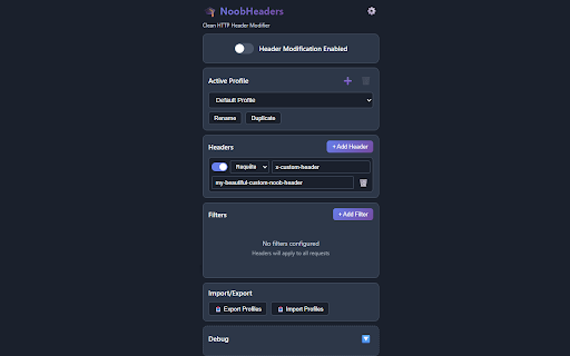 NoobHeaders :: Simple, local-first HTTP header modifier for developers and noobs. No ads, no tracking.