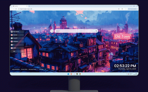 Old Town Rain Live Wallpaper :: Rain cascades over neon-lit rooftops as pink and blue hues illuminate nostalgic cityscape.