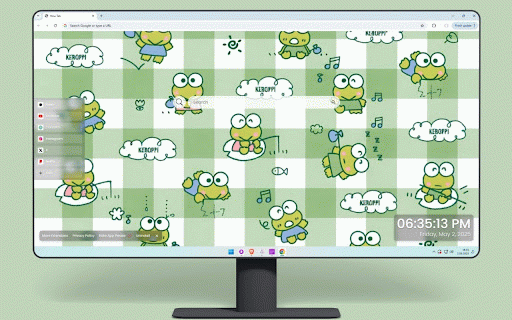 Keroppi Live Wallpaper :: Cheerful Keroppi frogs in various poses on green and white gingham pattern with cloud details.