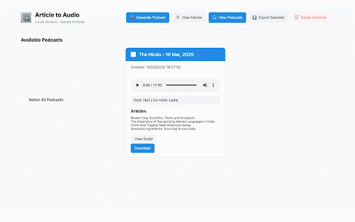 Article to Audio: Local Version :: Extract articles, save them locally, and generate audio podcasts using OpenAI API.