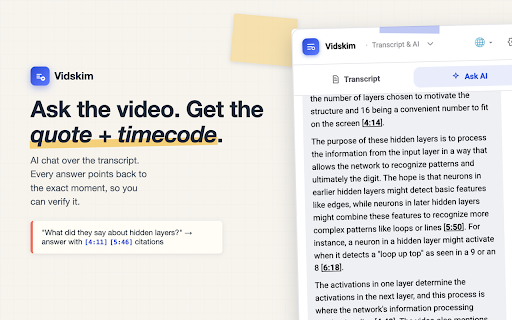 Vidskim: YouTube Transcript, Summary, AI Chat :: Free, unlimited transcript for any YouTube video. Summarize & chat with AI. Timestamps, translate, export.