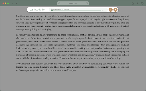 ReaderBot: eBook to AI speed reader :: Let ReaderBot speed read web based eBooks that you own and provide the transcript for you to use in the AI tool of your choice.