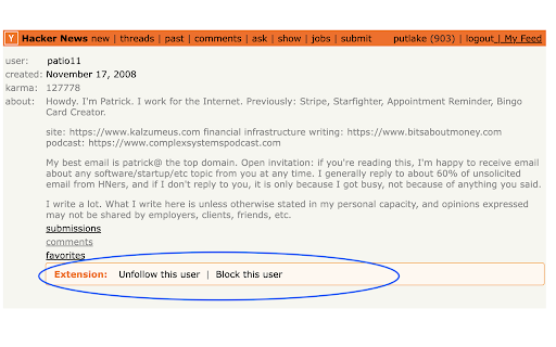 HN Follow/Block :: Follow users and block annoying commenters on Hacker News. See your personalized feed of posts and comments from users you follow.