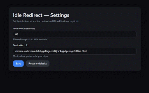 Idle Redirect :: Redirect the active tab to a chosen page after a user-defined period of inactivity.