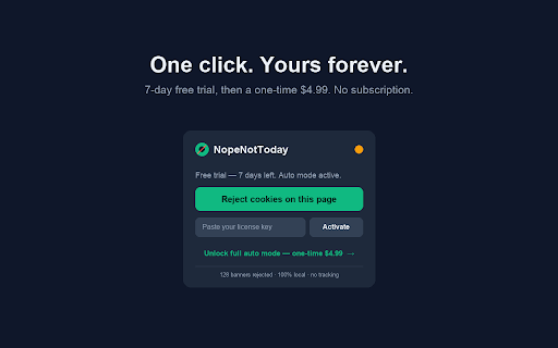 NopeNotToday — Auto Cookie Reject :: Automatically rejects tracking cookies and opts you out of data selling. 100% local — no data ever leaves your browser.