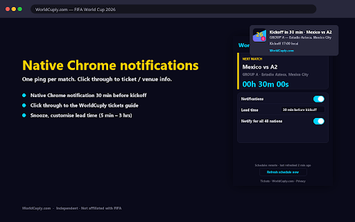 WorldCuply Match-Day Notifier :: Browser notifications 30 min before every FIFA World Cup 2026 match. Filter by team. Time-zone aware. By WorldCuply.com.