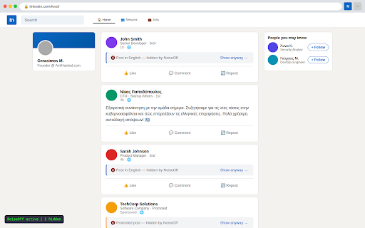 NoiseOff for LinkedIn :: Filter LinkedIn feed by language, hide promoted posts, and cut through the noise.