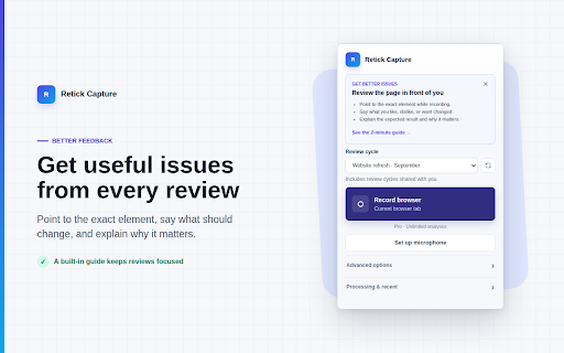 Retick Capture :: Record browser reviews and send them to Retick for AI-powered issue analysis.