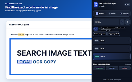 Search Text in Images – OCR Find & Copy | ImageTextFinder :: Search, select, and copy text in webpage images with Ctrl+F. Find page text and multilingual OCR results together, locally.